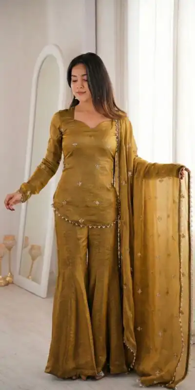 ZSR 3159 Mustered Fendy Silk Salwar Suitwith Embroidery Work & Lace Work. Now at just ₹2049. Delivery 4-6 Working Days. Shop now. | Jump Suits, Salwar suit, Casual Suits, Creative suits, Designer Suits, Palazzo Suits, Party Wear Suits, Patiala Suits, Straight Suits