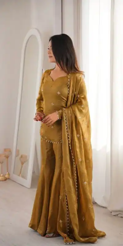 ZSR 3159 Mustered Fendy Silk Salwar Suitwith Embroidery Work & Lace Work. Now at just ₹2049. Delivery 4-6 Working Days. Shop now. | Jump Suits, Salwar suit, Casual Suits, Creative suits, Designer Suits, Palazzo Suits, Party Wear Suits, Patiala Suits, Straight Suits
