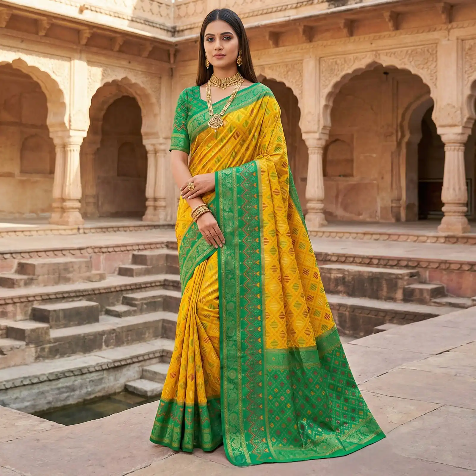 Mustered Pochampalli Lace Zari Work Saree