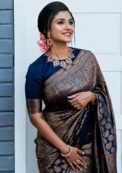 Navy Blue Lichi Silk Jacquard Lace Saree