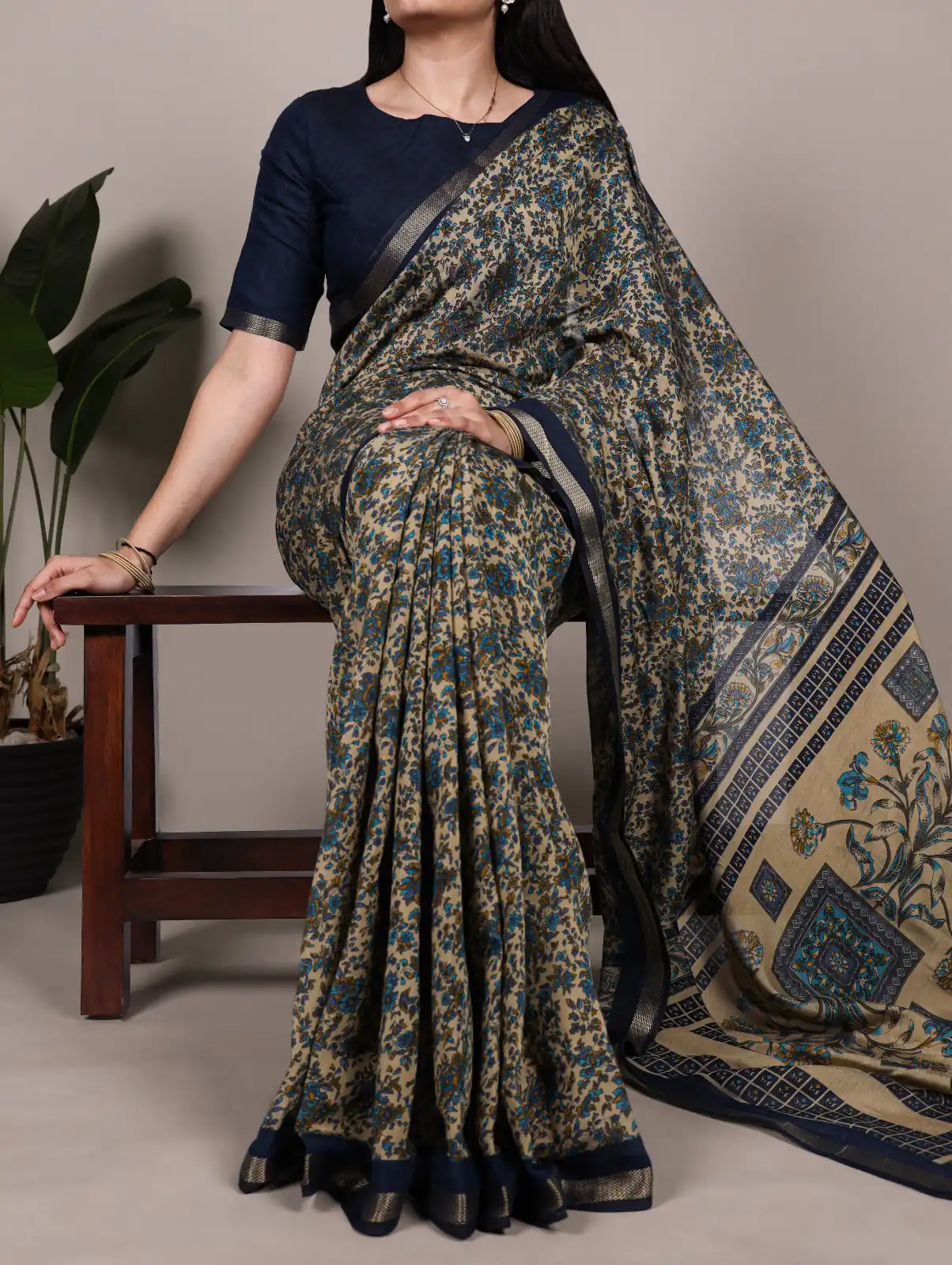 Navy Blue Polyester Viscose Chanderi Zari Work Saree