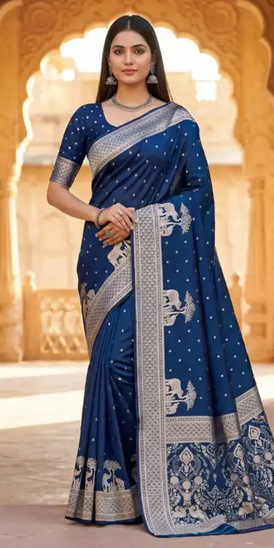 Navy Blue Pure Banarasi Silk Zari Lace Work Saree