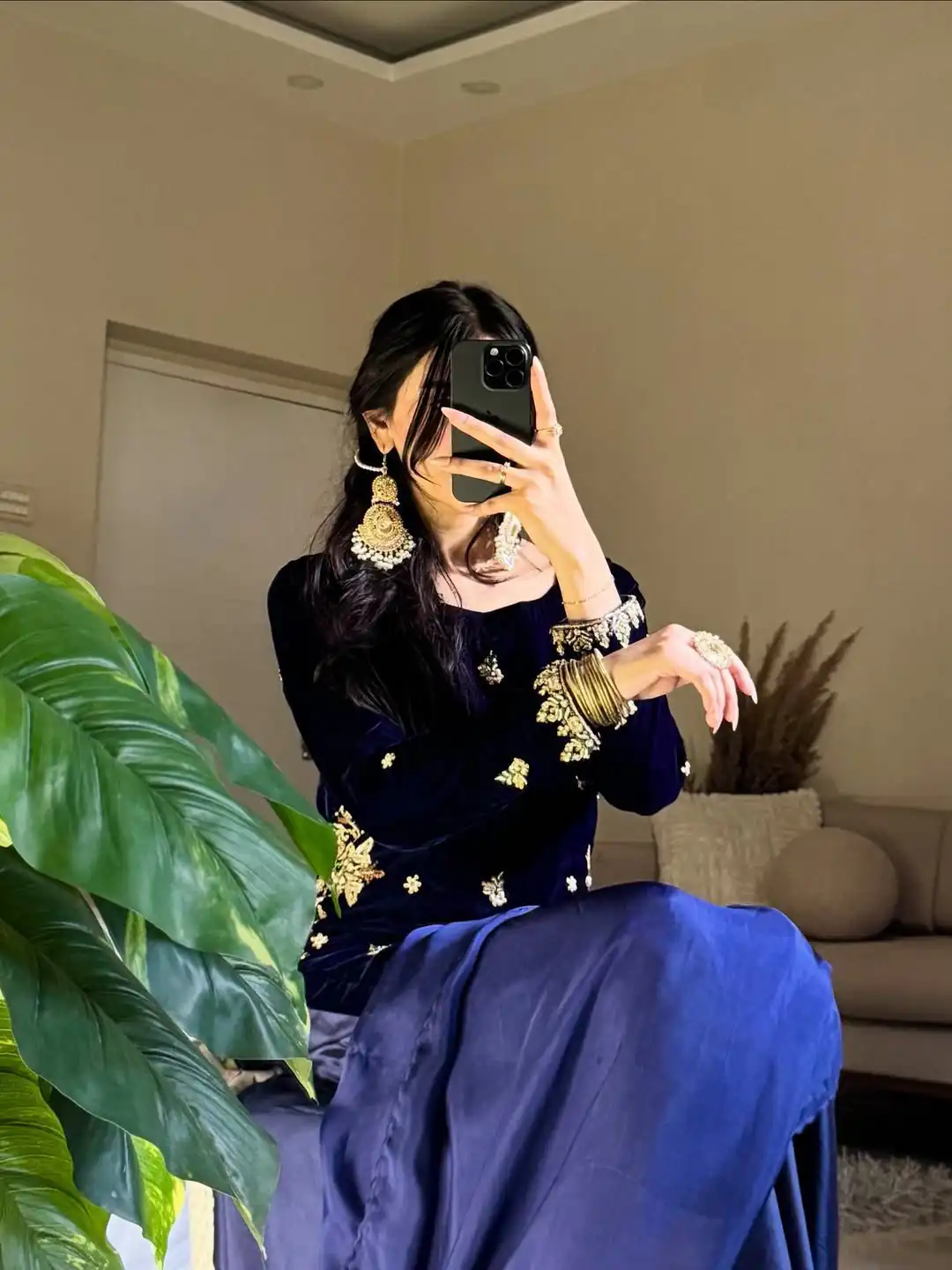 Navy Blue Velvet Sequence Embroidery Work Salwar Suit - Image 2