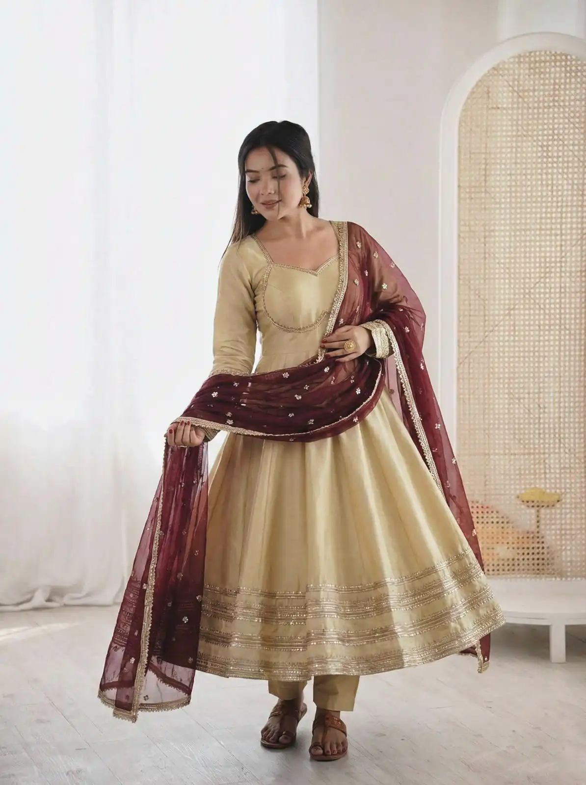 Off White Cosmos Gold Embroidery Work Gown - Image 2