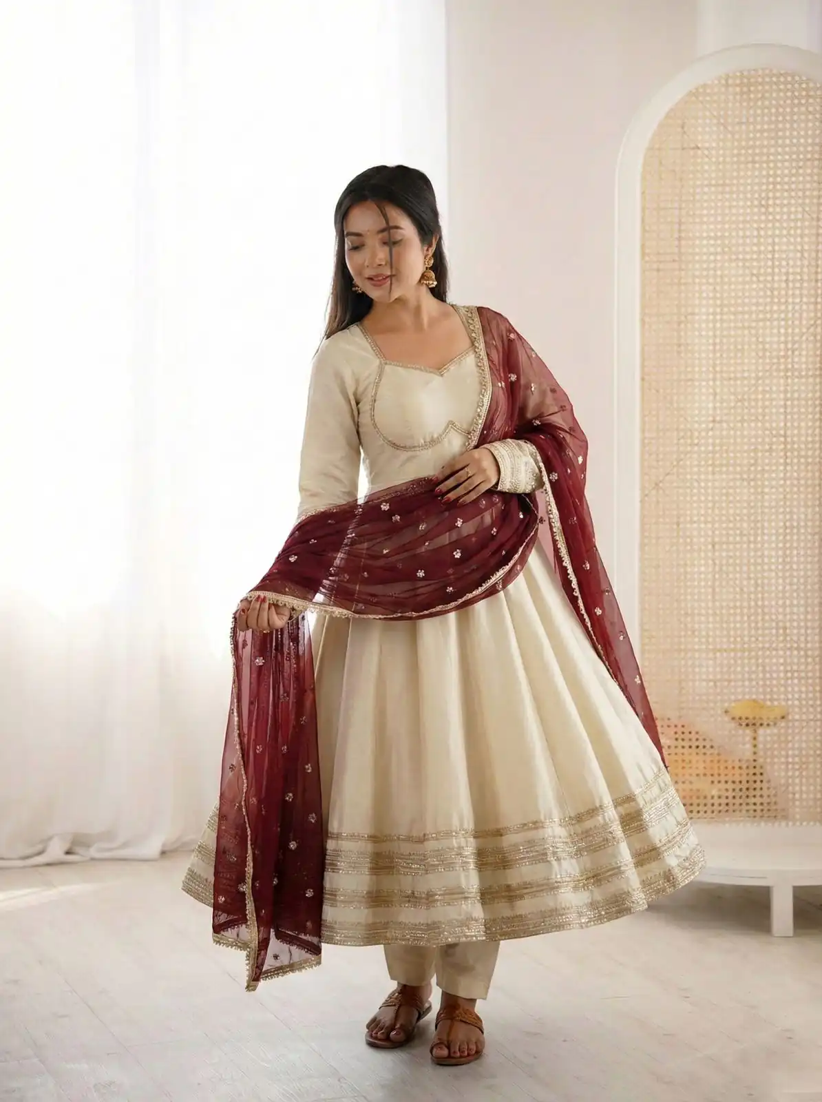 Off White Cosmos Gold Embroidery Work Gown - Image 5