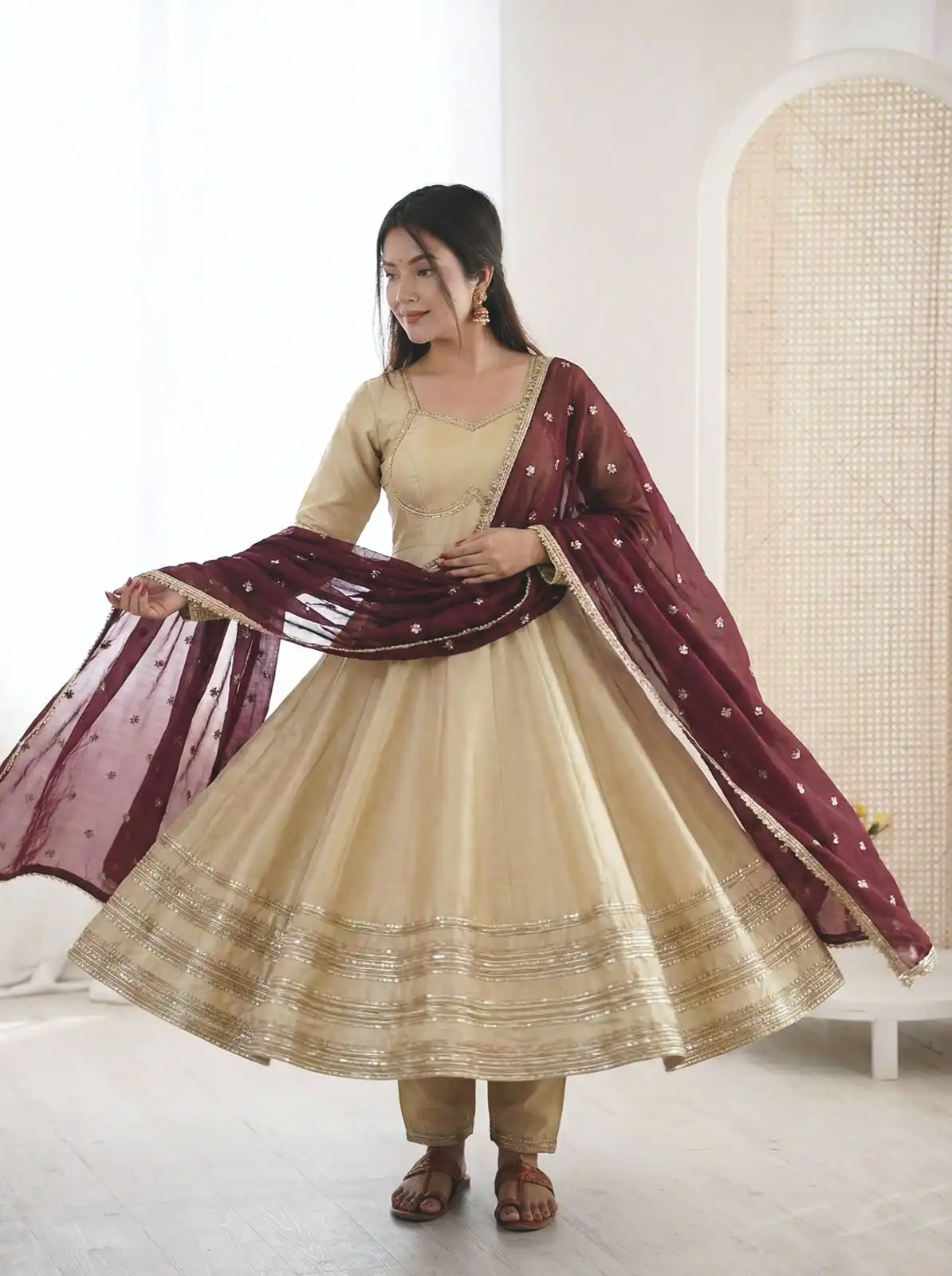 Off White Cosmos Gold Embroidery Work Gown - Image 6