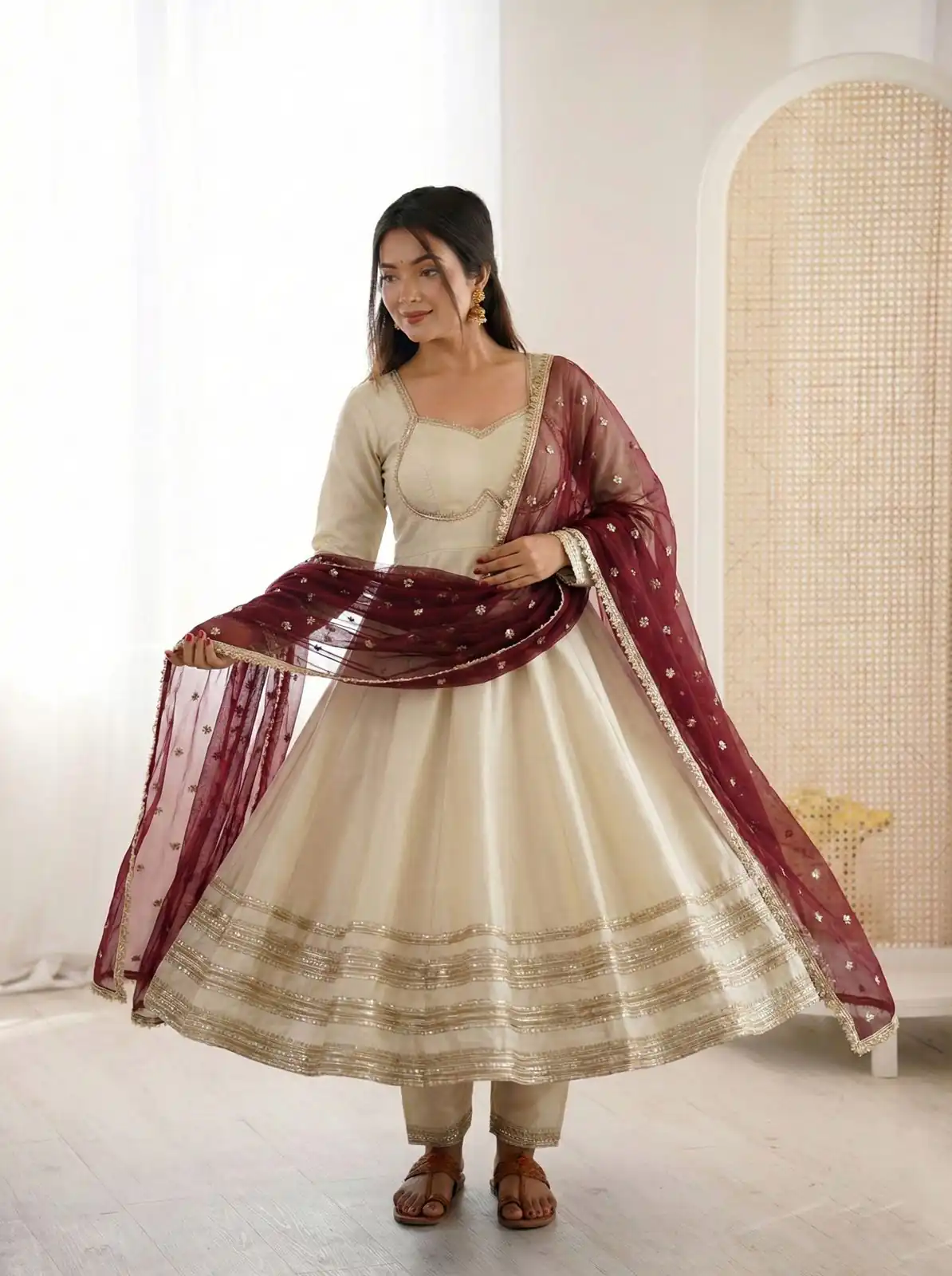 Off White Cosmos Gold Embroidery Work Gown - Image 7