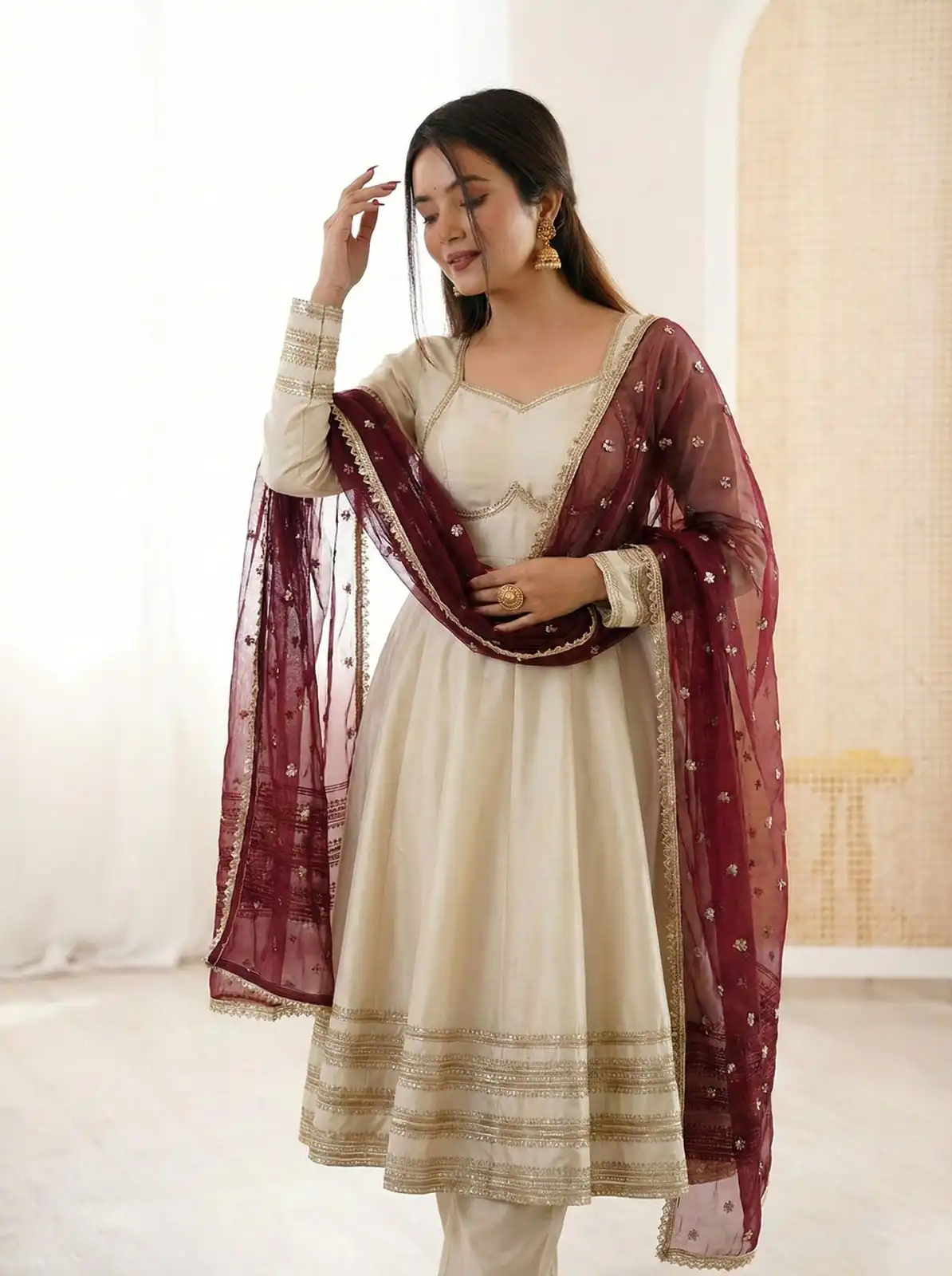 Off White Cosmos Gold Embroidery Work Gown - Image 8