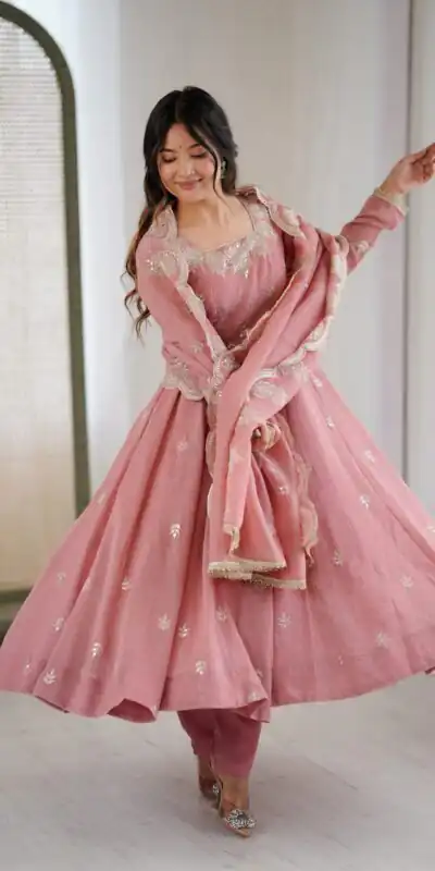 Onion Crunchy Silk Embroidery Work Gown