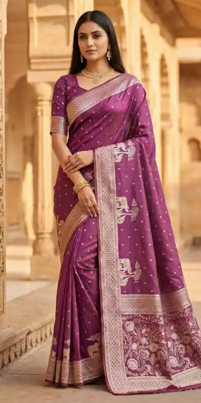 Onion Pure Banarasi Silk Zari Lace Work Saree