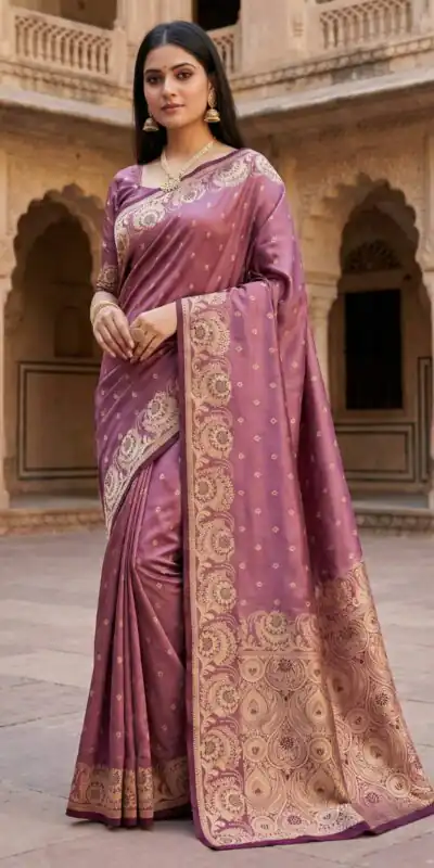 Onion Satin Silk Zari Woven Lace Work Saree
