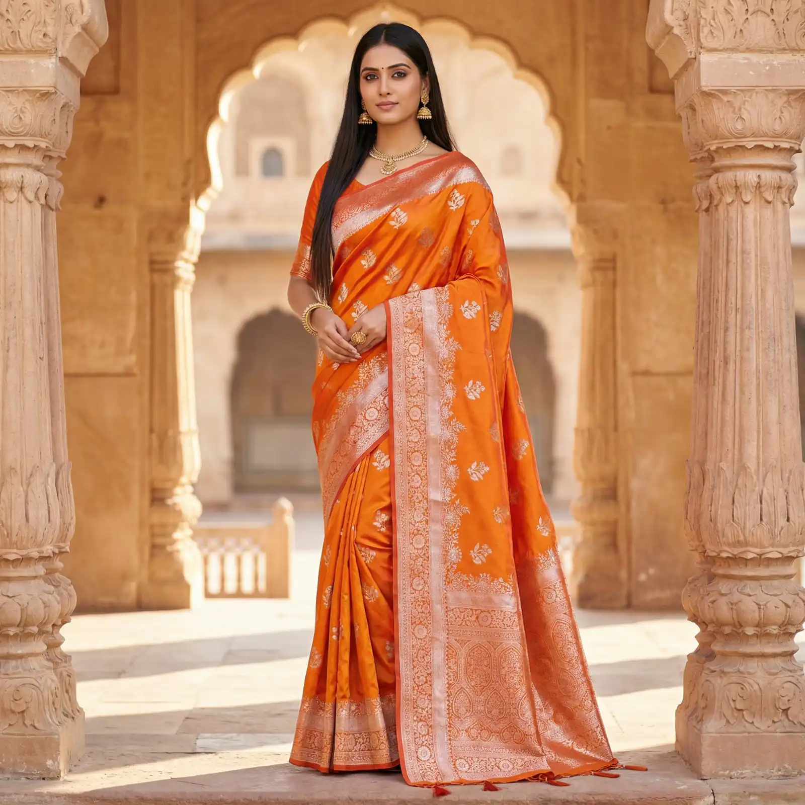 Orange Banarasi Zari Lace Work Saree