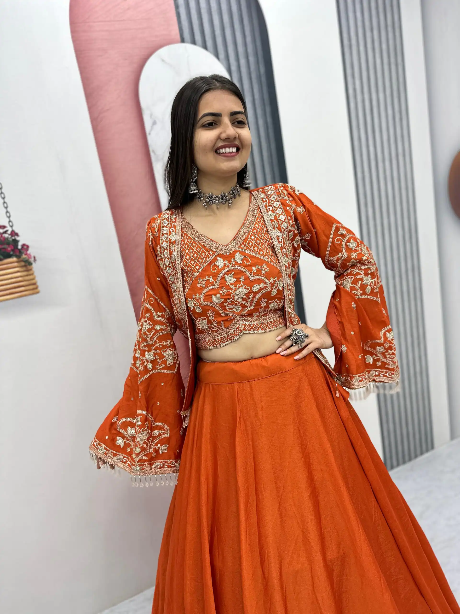 PC 565 Orange Color Chinon silk Lehenga Choli with Cut Work. Special Online Price ₹3049. Delivery 4-6 Working Days. Shop now. | Lehenga, Bollywood Lehenga, Creative Lehenga, Designer Lehenga, Embroidered Lehenga, Party Wear Lehenga