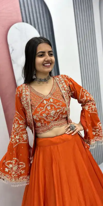 PC 565 Orange Color Chinon silk Lehenga Choli with Cut Work. Special Online Price ₹3049. Delivery 4-6 Working Days. Shop now. | Lehenga, Bollywood Lehenga, Creative Lehenga, Designer Lehenga, Embroidered Lehenga, Party Wear Lehenga