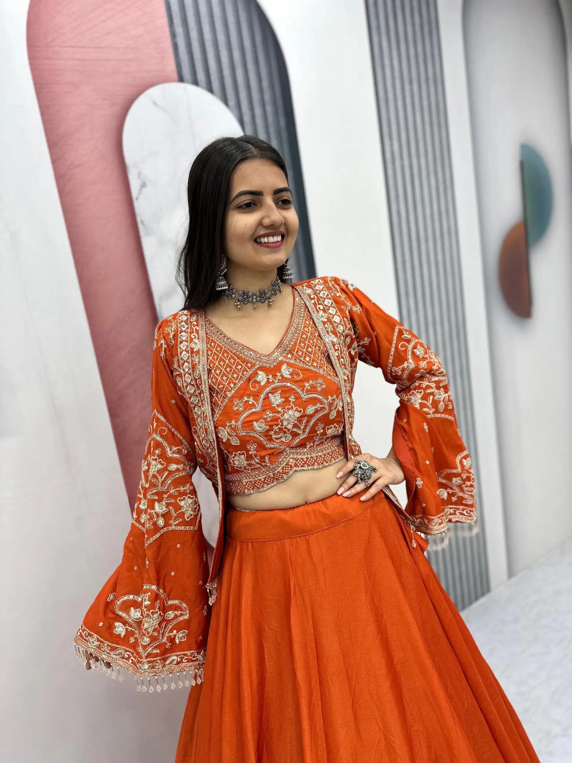 PC 565 Orange Color Chinon silk Lehenga Choli with Cut Work. Special Online Price ₹3049. Delivery 4-6 Working Days. Shop now. | Lehenga, Bollywood Lehenga, Creative Lehenga, Designer Lehenga, Embroidered Lehenga, Party Wear Lehenga