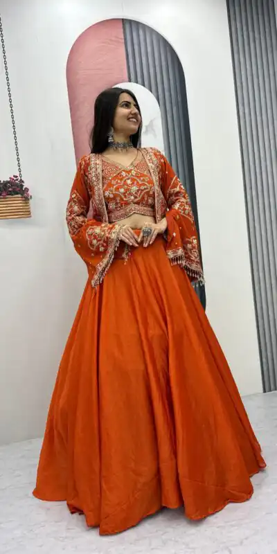 PC 565 Orange Color Chinon silk Lehenga Choli with Cut Work. Special Online Price ₹3049. Delivery 4-6 Working Days. Shop now. | Lehenga, Bollywood Lehenga, Creative Lehenga, Designer Lehenga, Embroidered Lehenga, Party Wear Lehenga