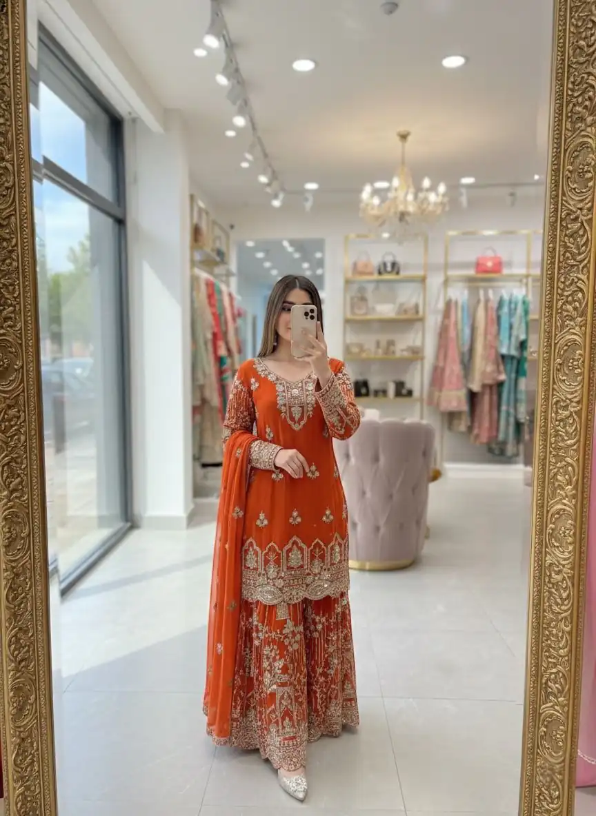 WW 1250 Orange Faux Georgette With 5 mm Sequence Work Salwar Suit Wedding, Party, Festive, Events Etc. Expected Delivery 4-6 Working Days @2399/- | Jump Suits, Salwar suit, Casual Suits, Creative suits, Designer Suits, Palazzo Suits, Party Wear Suits, Patiala Suits, Straight Suits