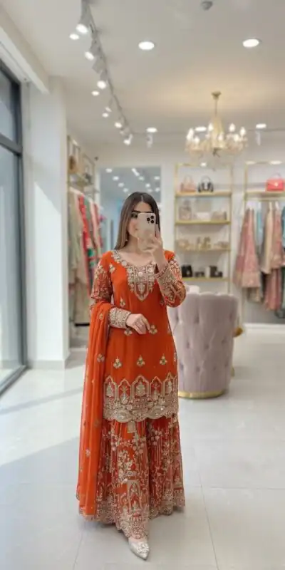 Orange Faux Georgette 5 mm Sequence Work Salwar Suit
