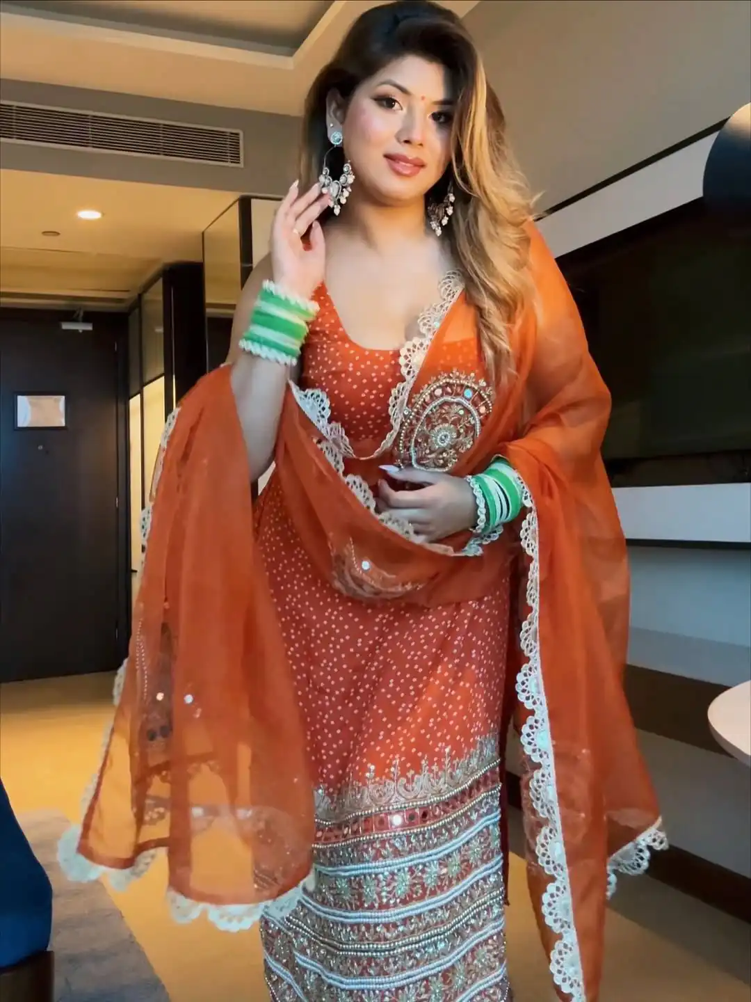 Orange Faux Georgette Mirror Embroidery Work Salwar Suit - Image 3