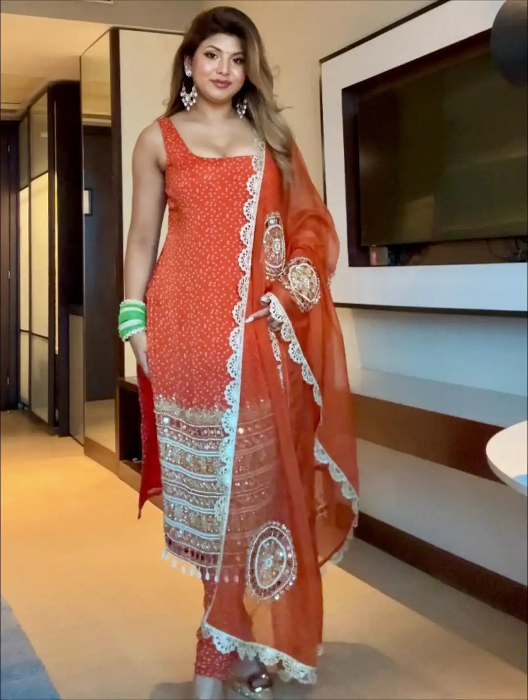 ST 1142 Orange Faux Georgette Salwar Suit with Mirror Work & Embroidery Work. Introductory Price ₹2449. Delivery 4-6 Working Days. Shop now. | Jump Suits, Salwar suit, Casual Suits, Creative suits, Designer Suits, Palazzo Suits, Party Wear Suits, Patiala Suits, Straight Suits