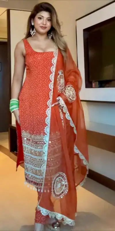 Orange Faux Georgette Mirror Embroidery Work Salwar Suit