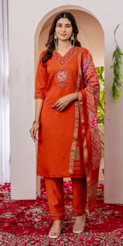 DIVA 112 Orange Marina Silk Salwar Suit with Embroidery Work. Introductory Price ₹1999. Delivery 4-6 Working Days. Shop now. | Jump Suits, Salwar suit, Casual Suits, Creative suits, Designer Suits, Palazzo Suits, Party Wear Suits, Patiala Suits, Straight Suits