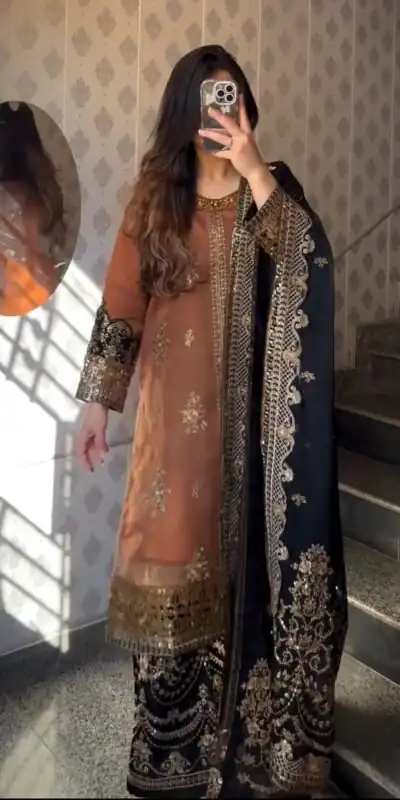 ST 1161 Orange Nylon Twil Net Salwar Suit with Embroidery Work. Available at ₹2149 only. Delivery 4-6 Working Days. Shop now. | Jump Suits, Salwar suit, Casual Suits, Creative suits, Designer Suits, Palazzo Suits, Party Wear Suits, Patiala Suits, Straight Suits