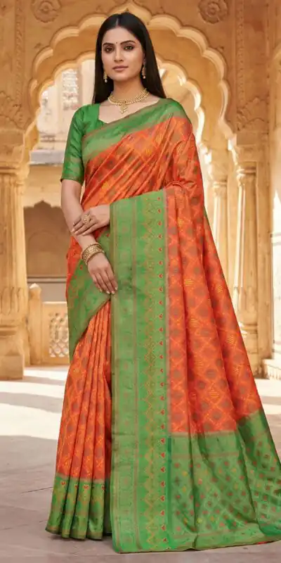 Orange Pochampalli Silk Lace Zari Work Saree