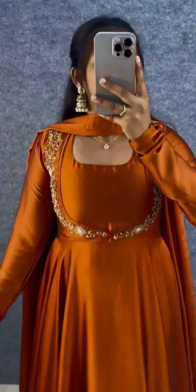 MF 888 Orange Rangoli Silk Gown with Lace Border & Lace Work. Available at ₹1649 only. Delivery 4-6 Working Days. Shop now. | Gowns, Bollywood Gowns, Creative Gowns, Designer Gowns, Embroidered Gowns, Party Wear Gowns