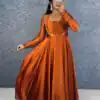 MF 888 Orange Rangoli Silk Gown with Lace Border & Lace Work. Available at ₹1649 only. Delivery 4-6 Working Days. Shop now. | Gowns, Bollywood Gowns, Creative Gowns, Designer Gowns, Embroidered Gowns, Party Wear Gowns