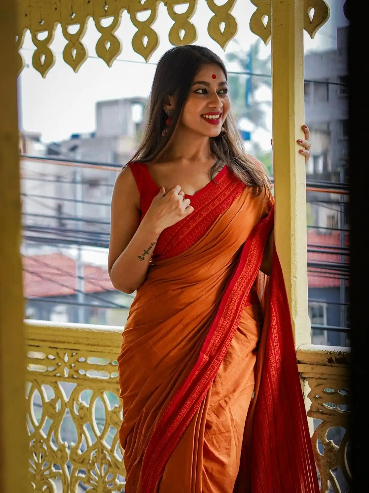 Orange Soft Lilan Slab All Over Weaving Work Saree - Image 3
