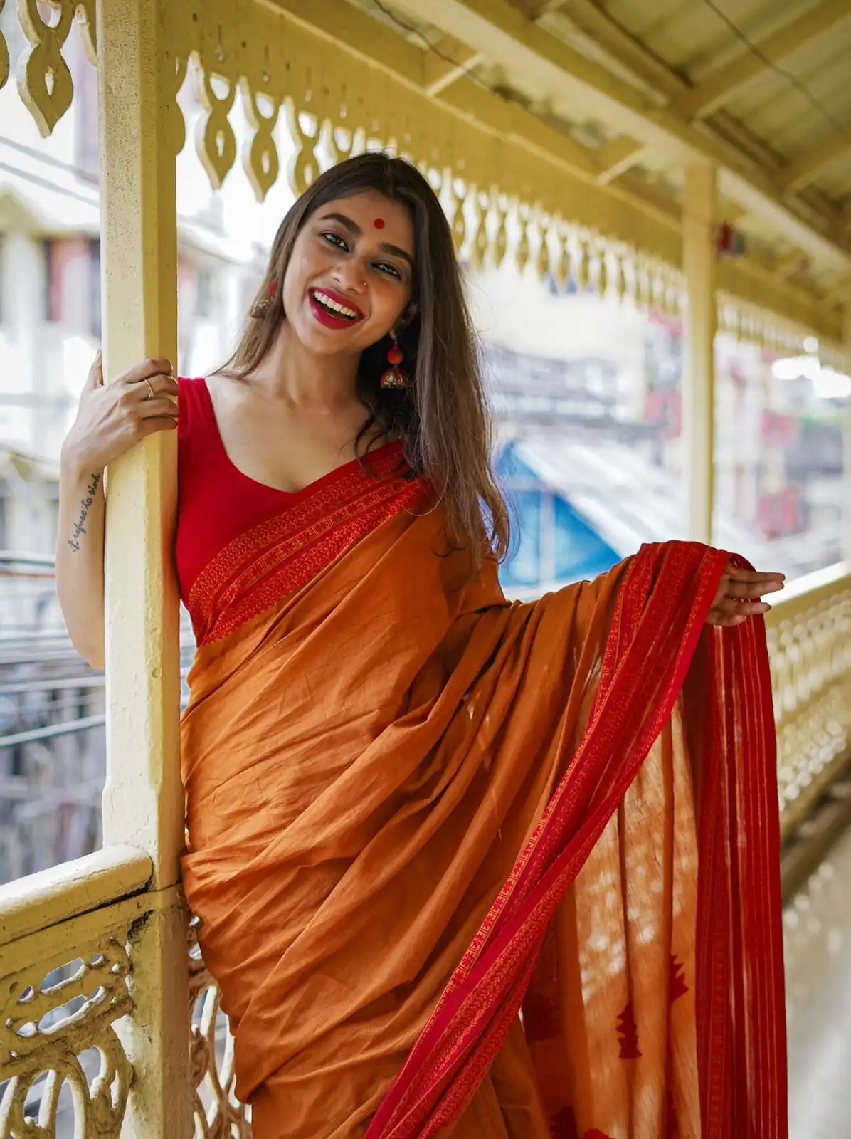 Orange Soft Lilan Slab All Over Weaving Work Saree - Image 8