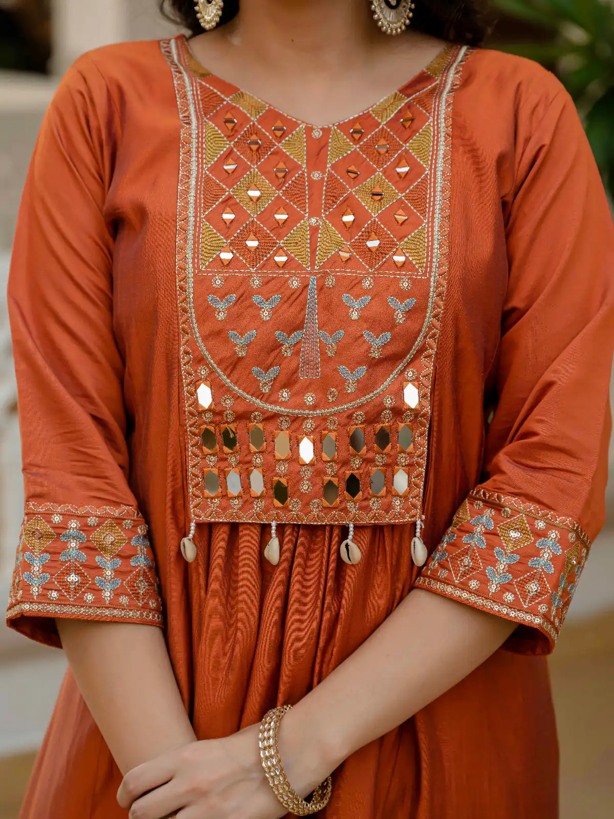 Orange Viscose Roman Silk Mirror Work Anarkali Suit - Image 3