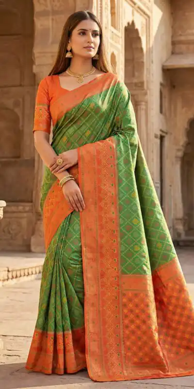 Parrot Green Pochampalli Lace Zari Work Saree