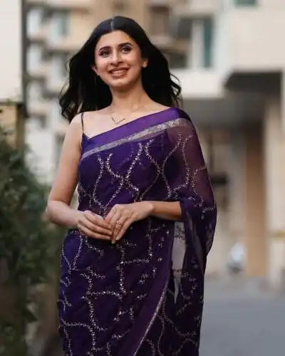 Purple Viscose Satin Sequin Embroidery Work Saree