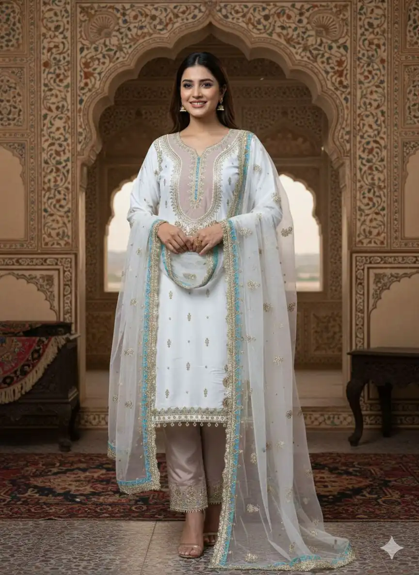 LG 2068 Off White Crape Silk Salwar Suit Perfect for Wedding, Party, Onam, Reception, Housewarming – . Grab it for ₹1999. Delivery 4-6 Working Day | Jump Suits, Salwar suit, Casual Suits, Creative suits, Designer Suits, Palazzo Suits, Party Wear Suits, Patiala Suits, Straight Suits