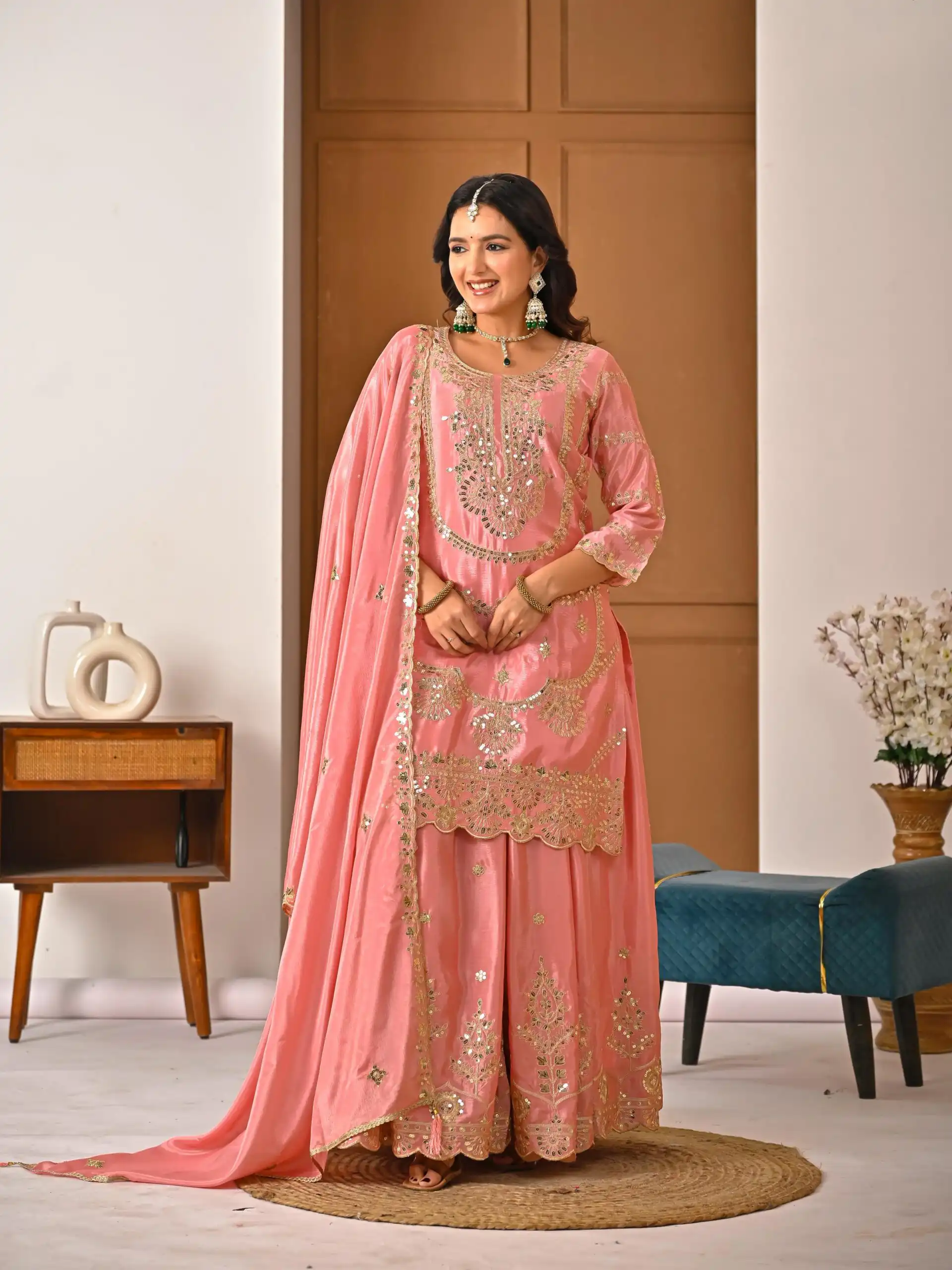 ND 5033 Peach Chinon Silk Salwar Suit with Embroidery Work & Lace Work. Affordable Price ₹2149. Delivery 4-6 Working Days. Shop now. | Jump Suits, Salwar suit, Casual Suits, Creative suits, Designer Suits, Palazzo Suits, Party Wear Suits, Patiala Suits, Straight Suits