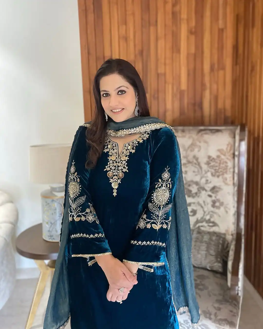 Peacock Blue Velvet Sequence Work Salwar Suit - Image 3