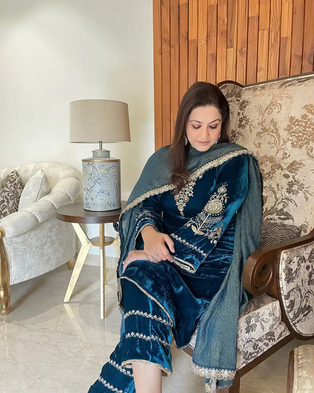 Peacock Blue Velvet Sequence Work Salwar Suit - Image 2