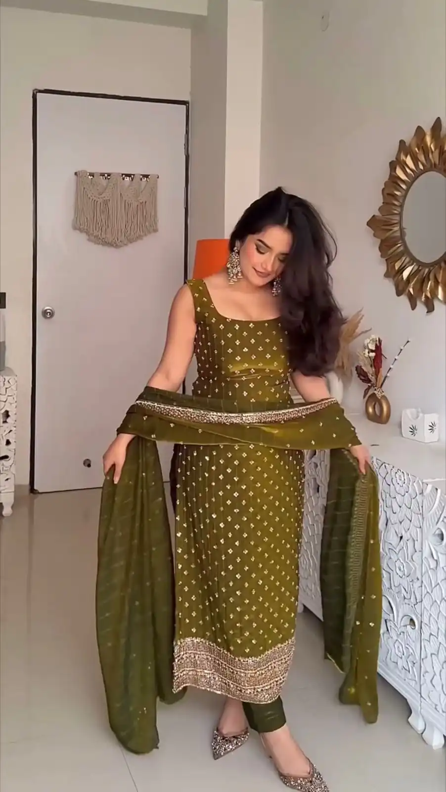 KD 1577 Mehendi Fendy Silk Salwar Suit with Mirror Work & Embroidery Work. Best Price ₹1999. Delivery 4-6 Working Days. Shop now. | Jump Suits, Salwar suit, Casual Suits, Creative suits, Designer Suits, Palazzo Suits, Party Wear Suits, Patiala Suits, Straight Suits