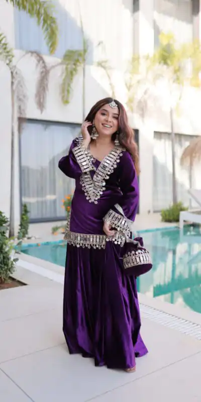 Z 111 Purple in Color 9000 Velvet. Mirror Work & Embroidery Work Salwar Suit Get it for ₹1999. Delivery 4-6 Working Days. Shop now. | Jump Suits, Salwar suit, Casual Suits, Creative suits, Designer Suits, Palazzo Suits, Party Wear Suits, Patiala Suits, Straight Suits