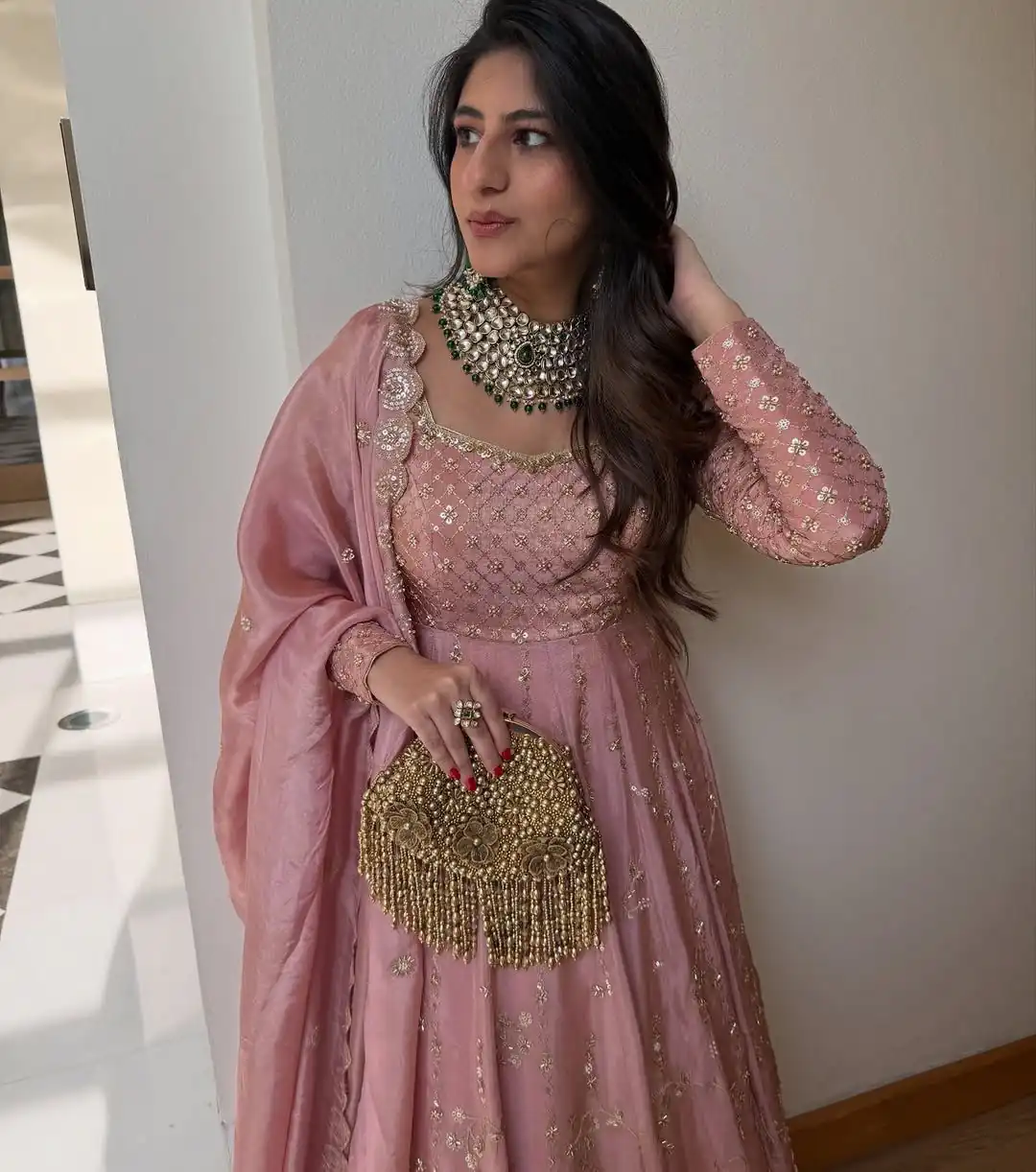 Pink Chinon Silk Lace Embroidery Work Lehenga Choli - Image 8