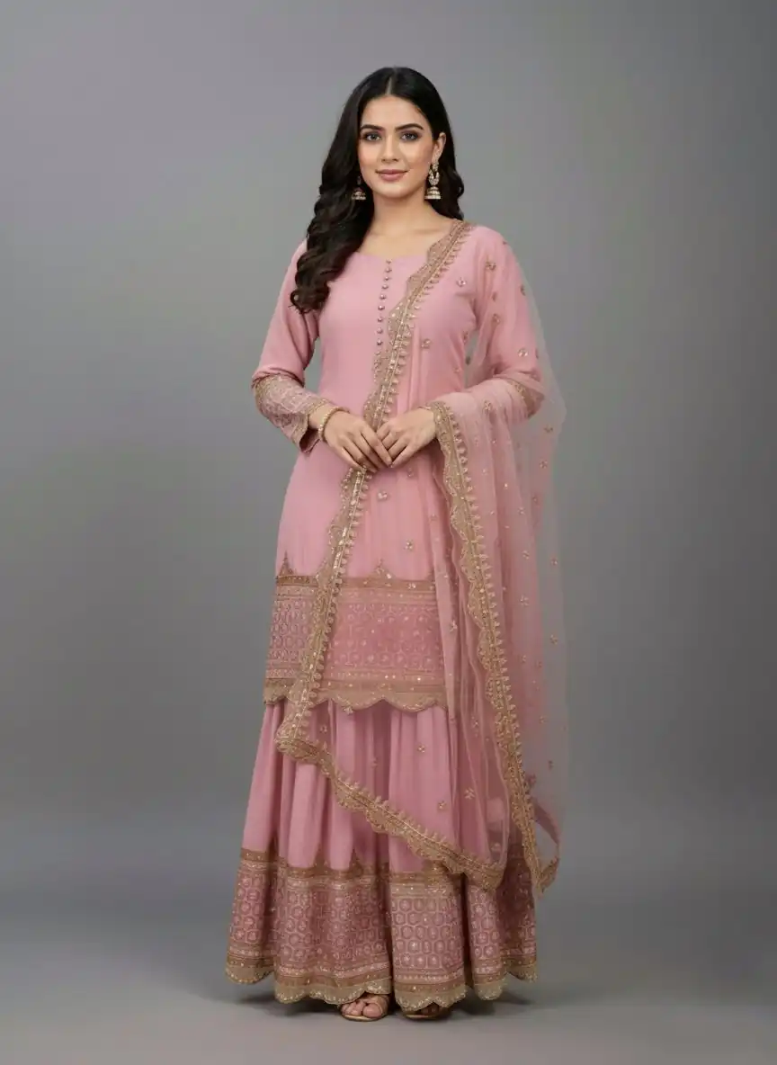 ZF 250 Pink Color Faux Georgette Embroidery Sequence Work Sharara Suit Wedding, Party, Festive, Events Etc. Expected Delivery 4-6 Working Days @2099/- | Jump Suits, Salwar suit, Casual Suits, Creative suits, Designer Suits, Palazzo Suits, Party Wear Suits, Patiala Suits, Straight Suits