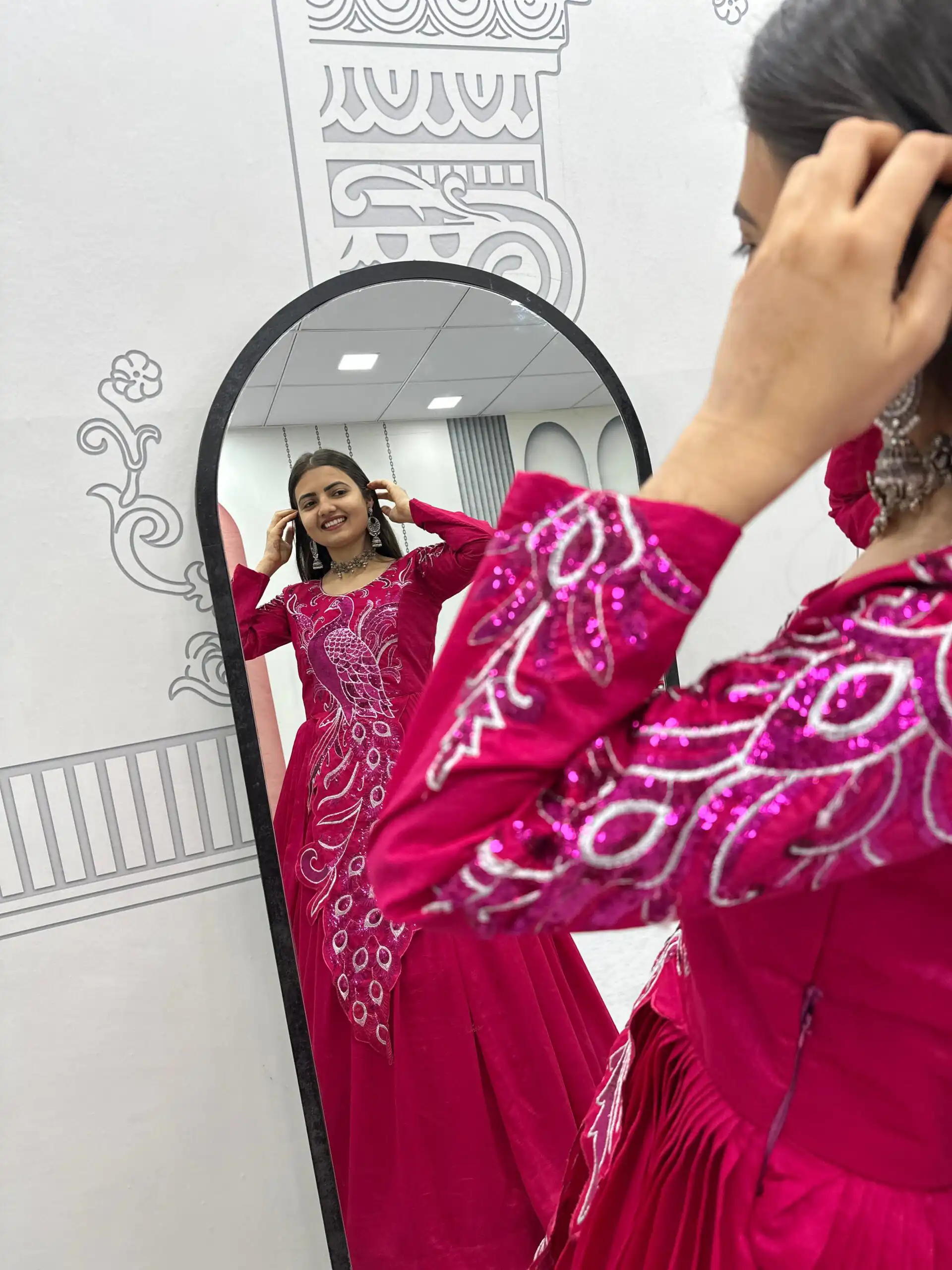 Pink Vichitra Silk Embroider Sequins Work Gown - Image 3