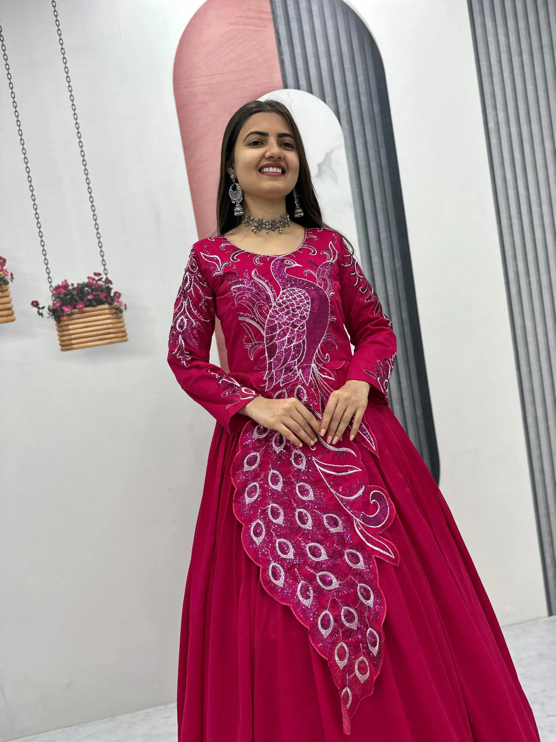 Pink Vichitra Silk Embroider Sequins Work Gown - Image 5
