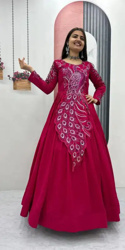 Pink Vichitra Silk Embroider Sequins Work Gown