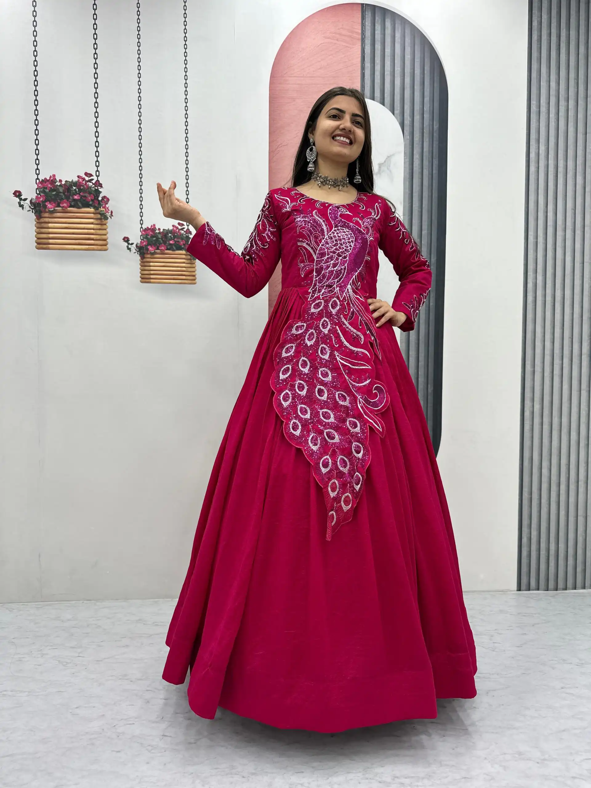 Pink Vichitra Silk Embroider Sequins Work Gown