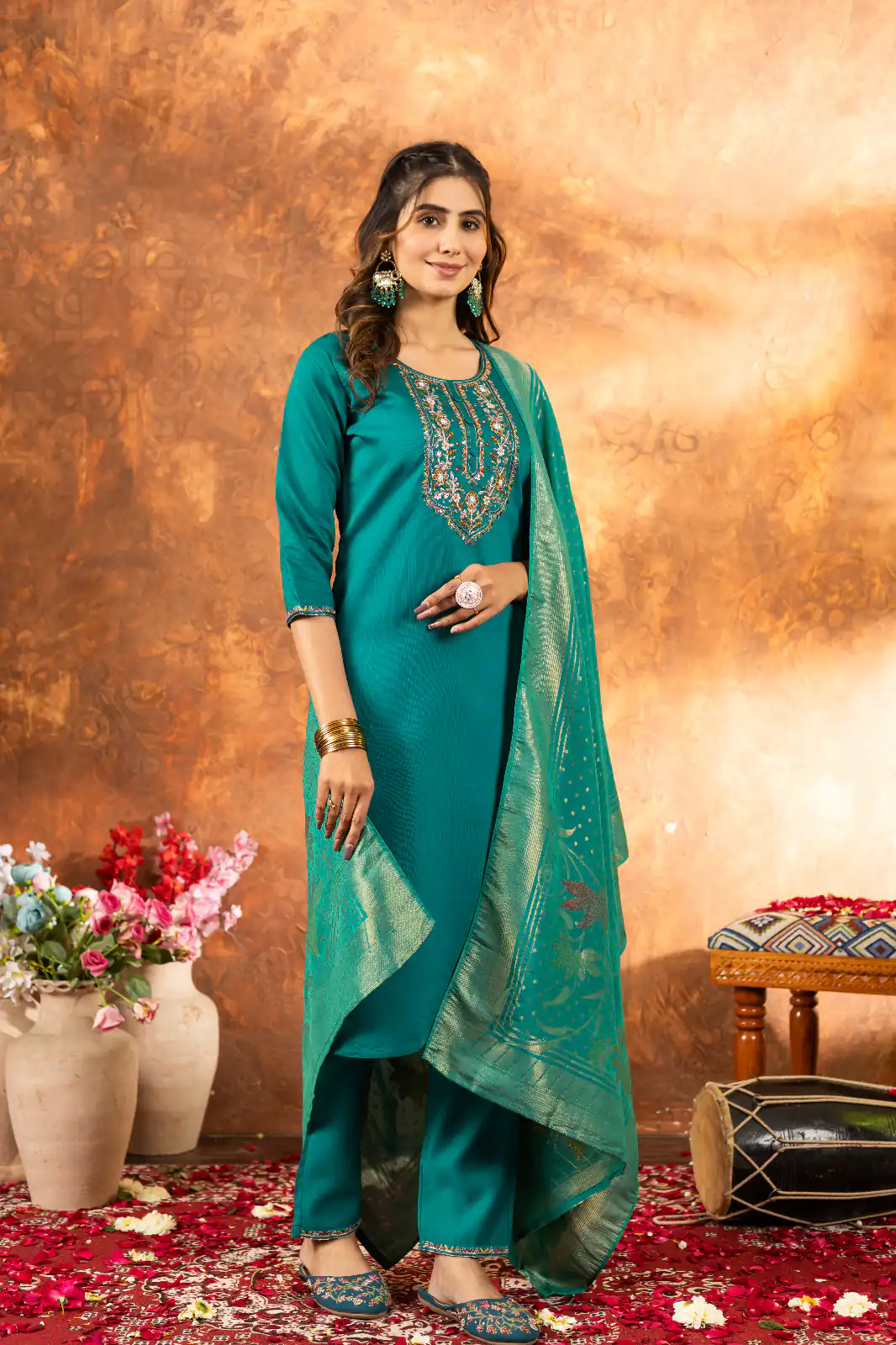 Firozi Marina Silk Embroidery Work Salwar Suit - Image 3