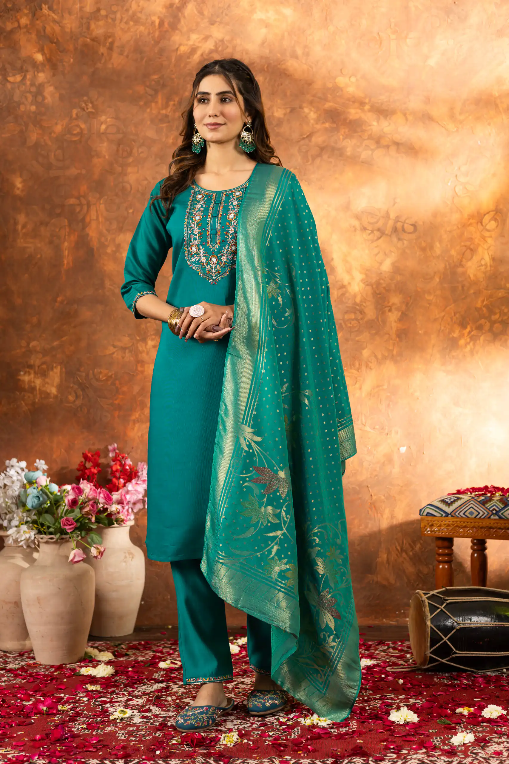 Firozi Marina Silk Embroidery Work Salwar Suit
