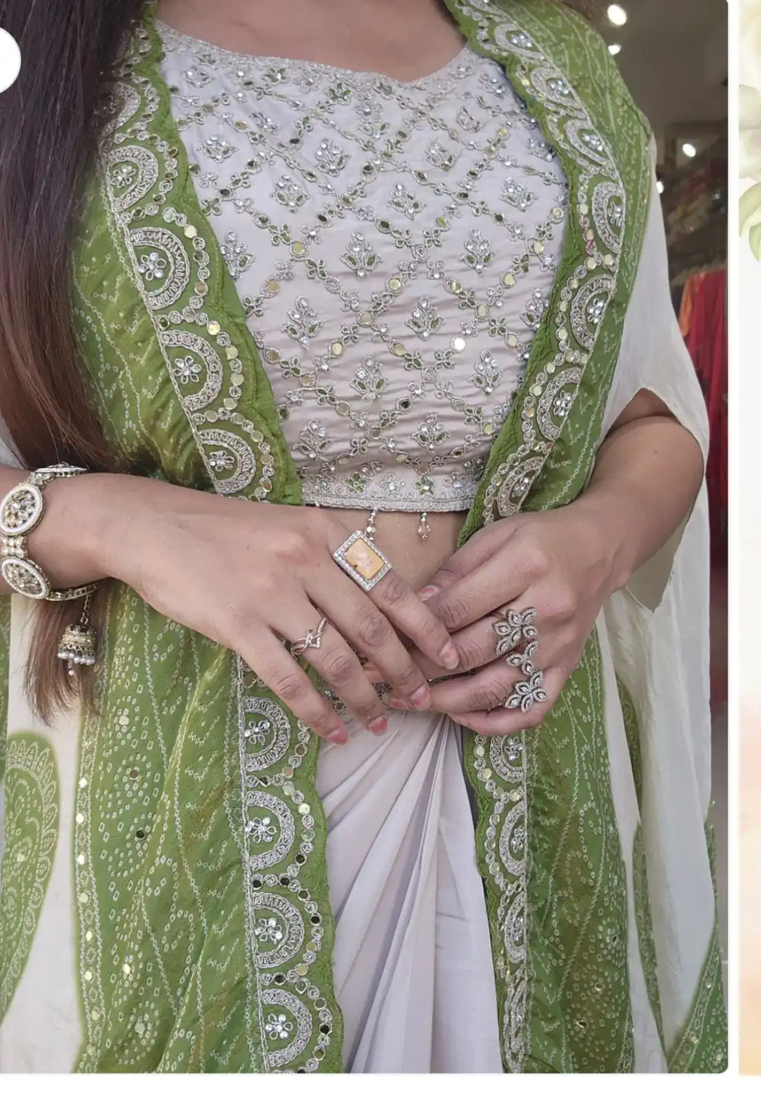 Pista Crap Silk Embroidery Mirror Work Dhoti Suit - Image 3